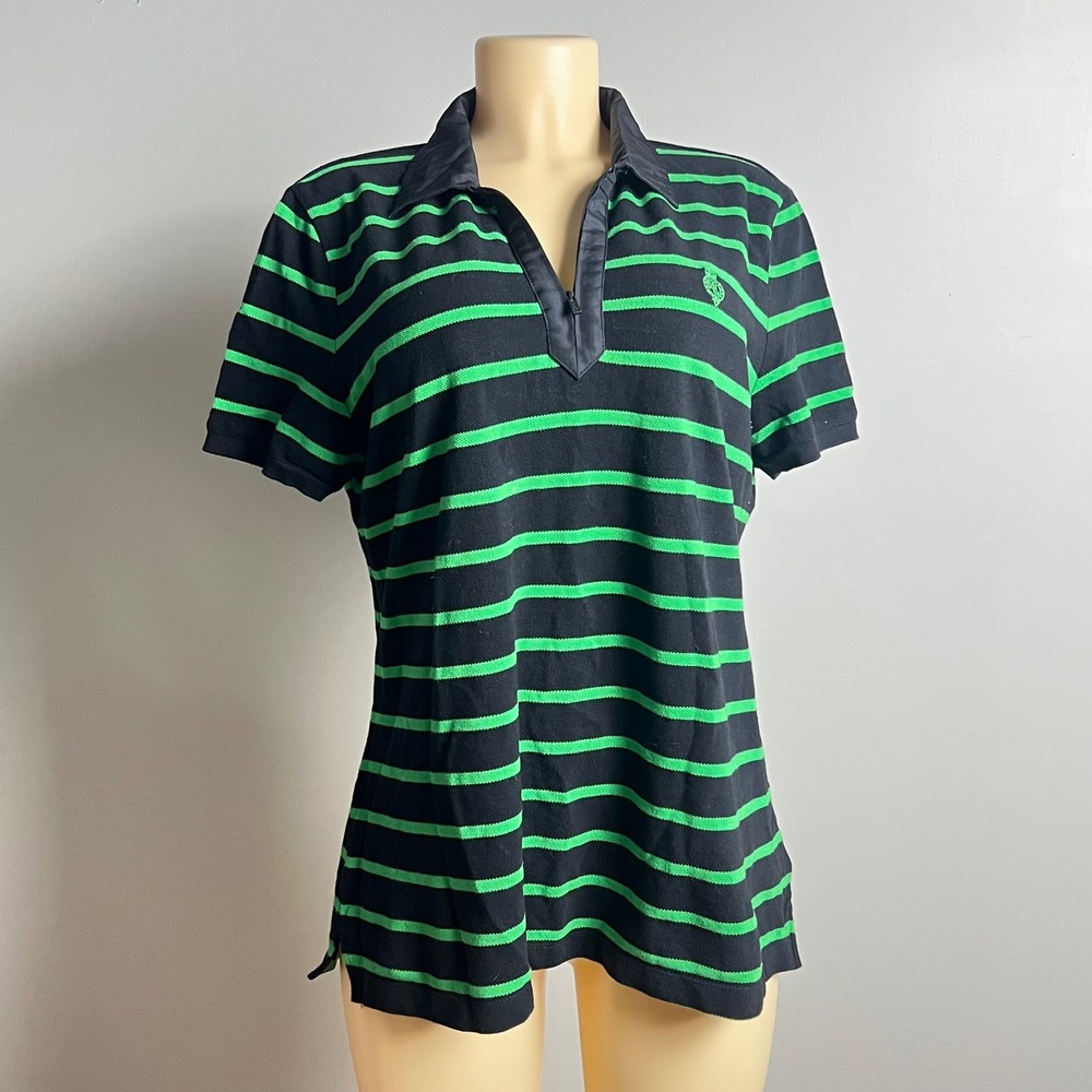 Lauren Ralph Lauren Sz L Polo T RL Active Black Neon Green Stripe Top Shirt T
